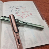 Lamy sort ses nouveaux AlStar ! Deux couleurs, toutes douces pour entamer un automne précoce et piquant. Comme toujours, les plumes en acier sont parfaites pour une écriture quotidienne. Elles se comportent aussi très bien pour du dessin, du croquis nerveux. Pour aller au bout du plaisir, on assortit la couleur d'encre à celle du stylo.
PRIVATE RÉSERVE Rose Rage pour le AlStar Automn Pink et la ink Studio 462 de Sailor pour le Sage.
Vous aussi  vous vous amusez à accorder les encres avec les couleurs de vos stylos plume ?